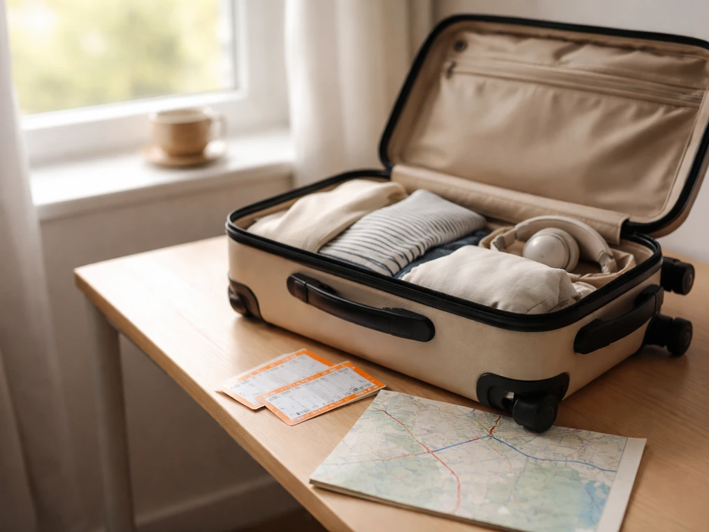 Valise et billets de train posés près d’une fenêtre, ambiance voyage Paris-Londres, budget déplacement.