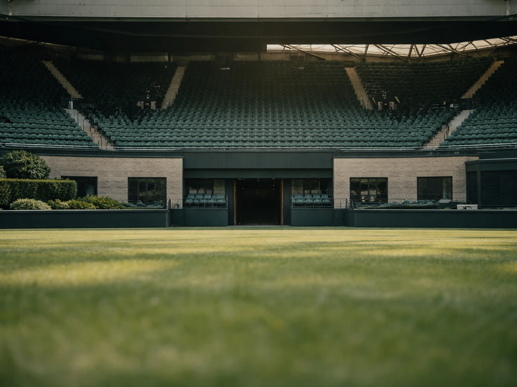 Façade et tribunes de Wimbledon avec une touche de gazon vert, ambiance de stade, sans personnes visibles.