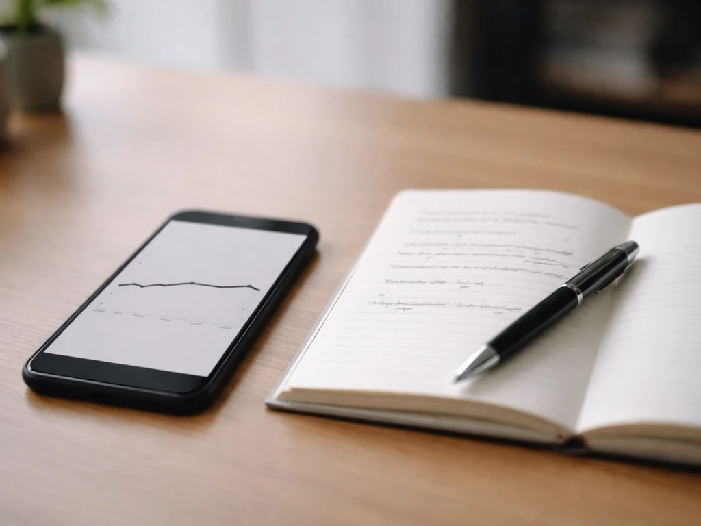 Bureau calme avec carnet ouvert et smartphone affichant une note stable sur 12 mois, plus papier montrant des réponses f