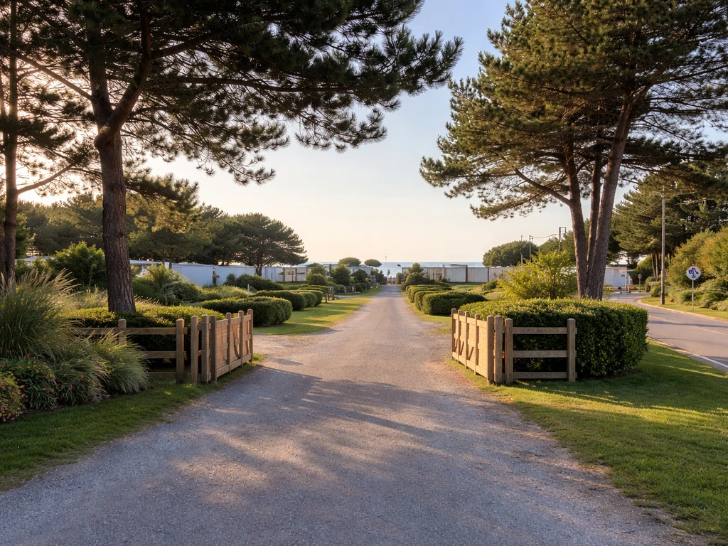 Entrée d’un camping au bord de la mer à Fort-Mahon-Plage, avec allée et mobil-homes au fond.