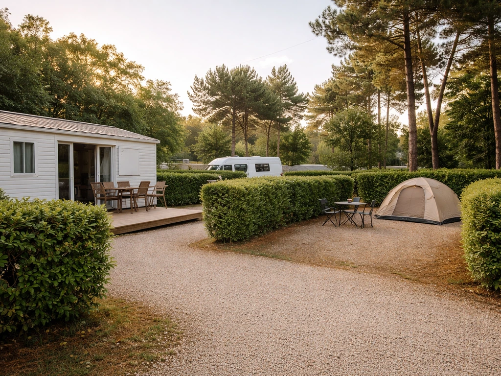 Vue du camping : un mobil-home à côté d’emplacements délimités par des haies, avec tente et camping-car.
