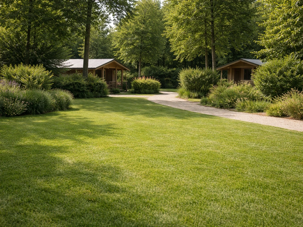 Pelouse verte bien entretenue et jardin arboré d’un camping, avec hébergements discrets en arrière-plan.