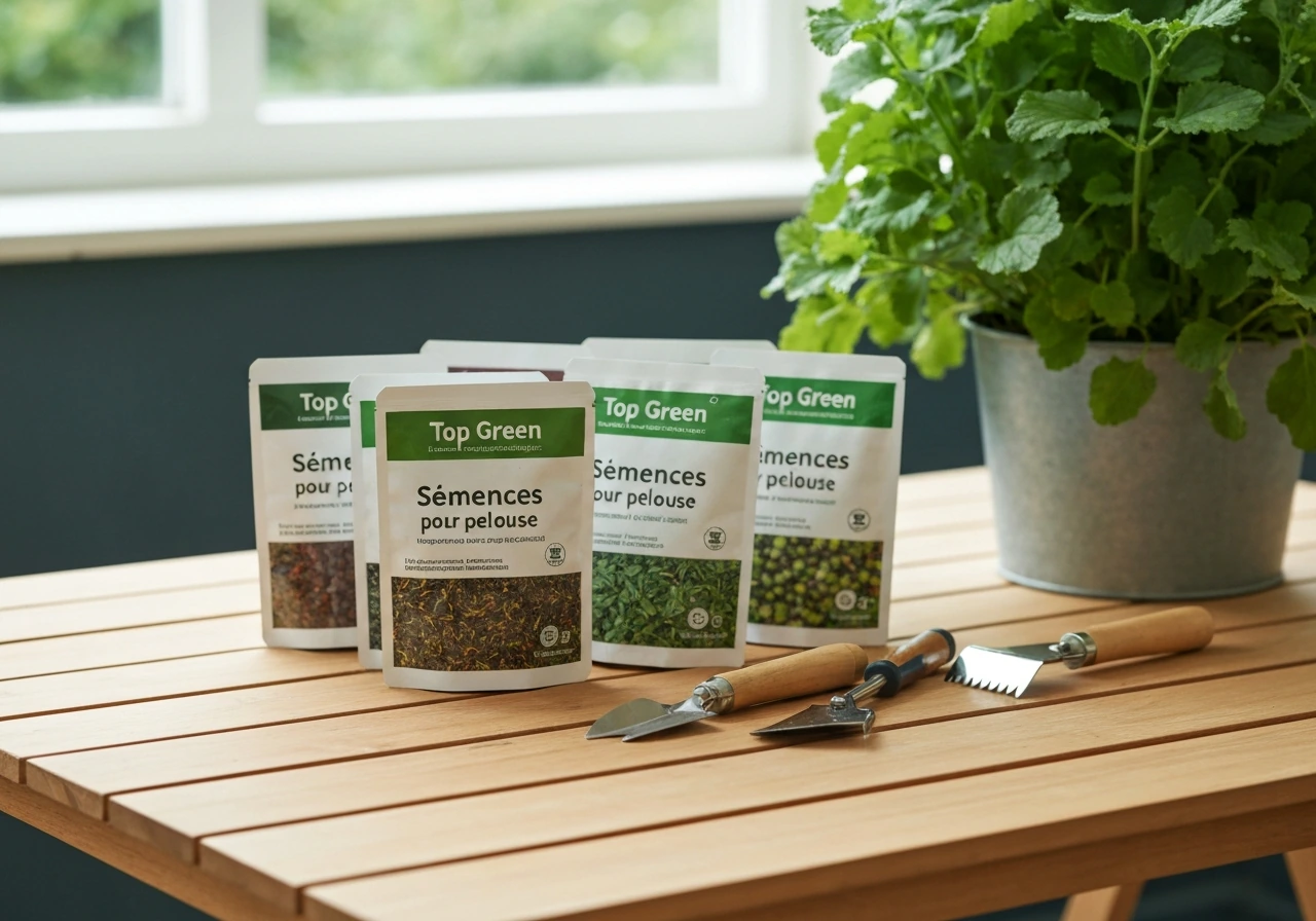 Plusieurs sachets de semences pour pelouse “Top Green” sur une table, outils de jardin à côté