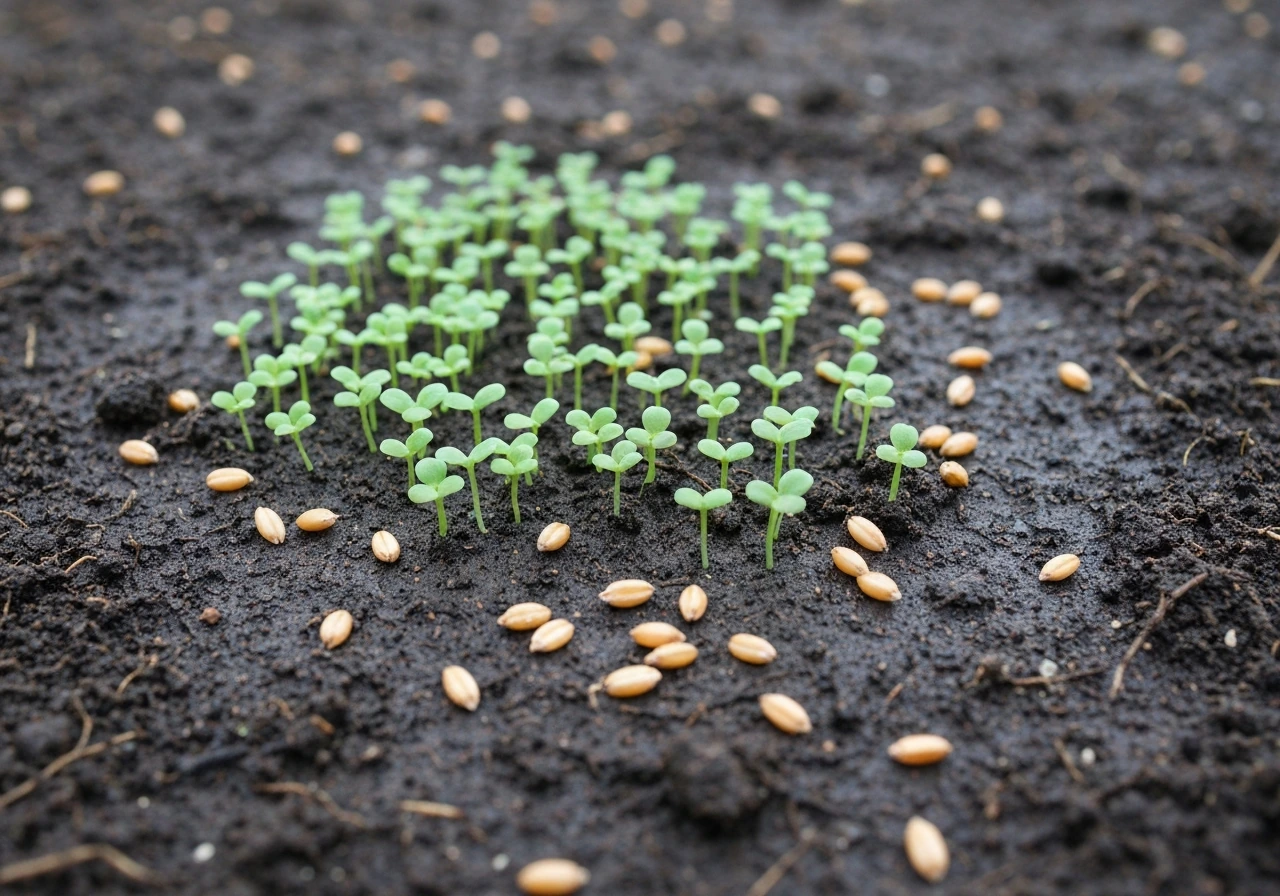 Graine de gazon et petites pousses vertes dans un sol humide, montrant une germination homogène.