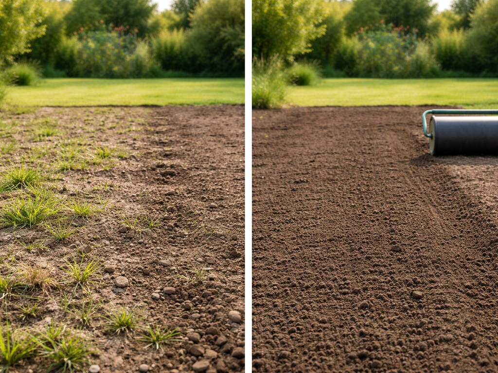 Jardin avant/après : herbes à gauche et terre ameublie et nivelée à droite, prête à semer.