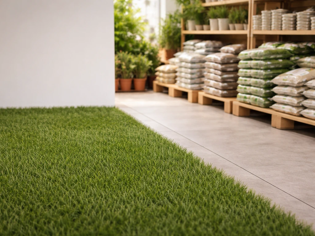 Gazon synthétique vert à gauche, puis sacs d’engrais et terreau pour une boutique jardin généraliste à droite.