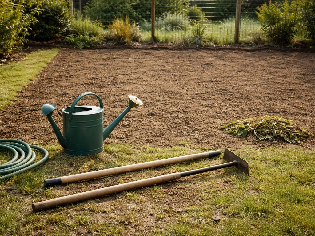 Jardin en préparation : outils de désherbage et arrosage, sol nivelé avant semis ou pose de gazon