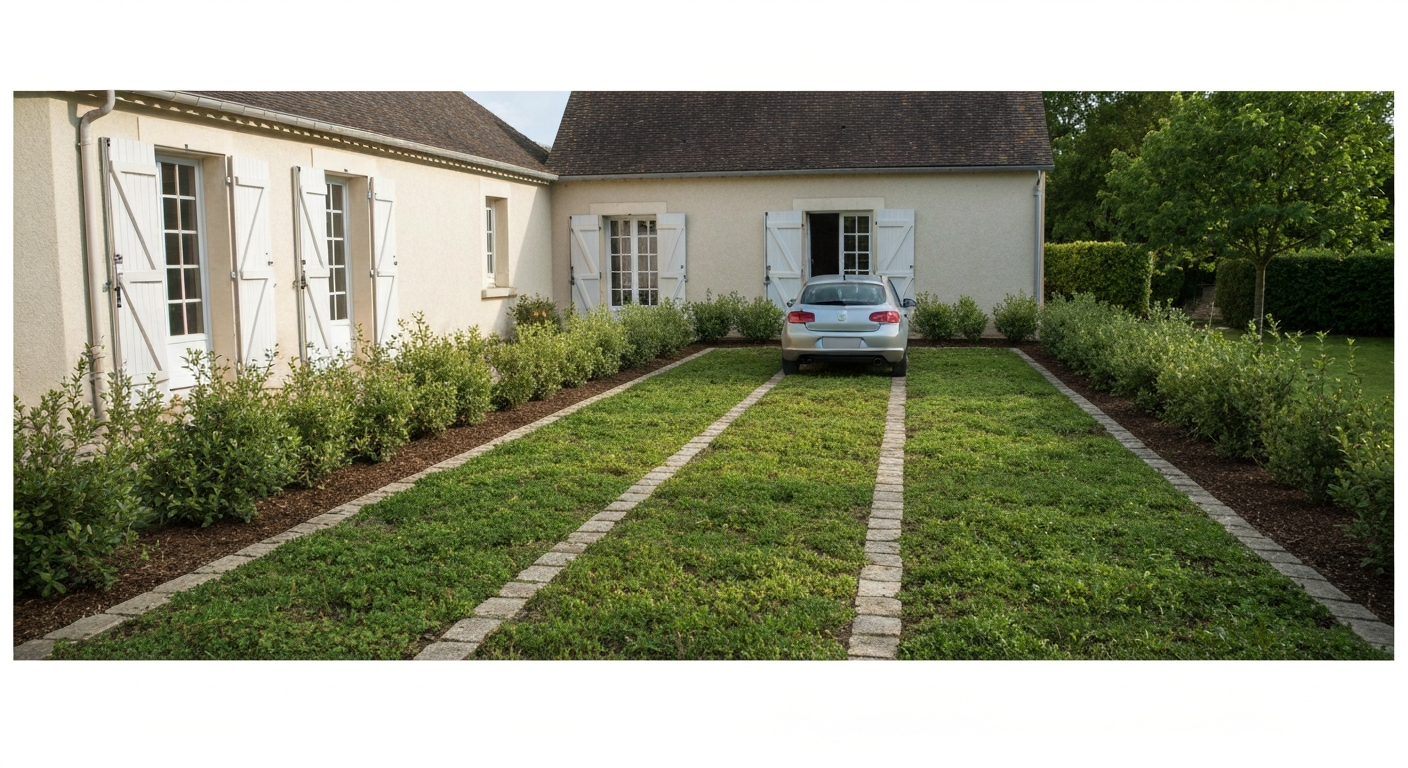 Allée gazon carrossable devant maison française, voiture garée, dalles alvéolées engazonnées