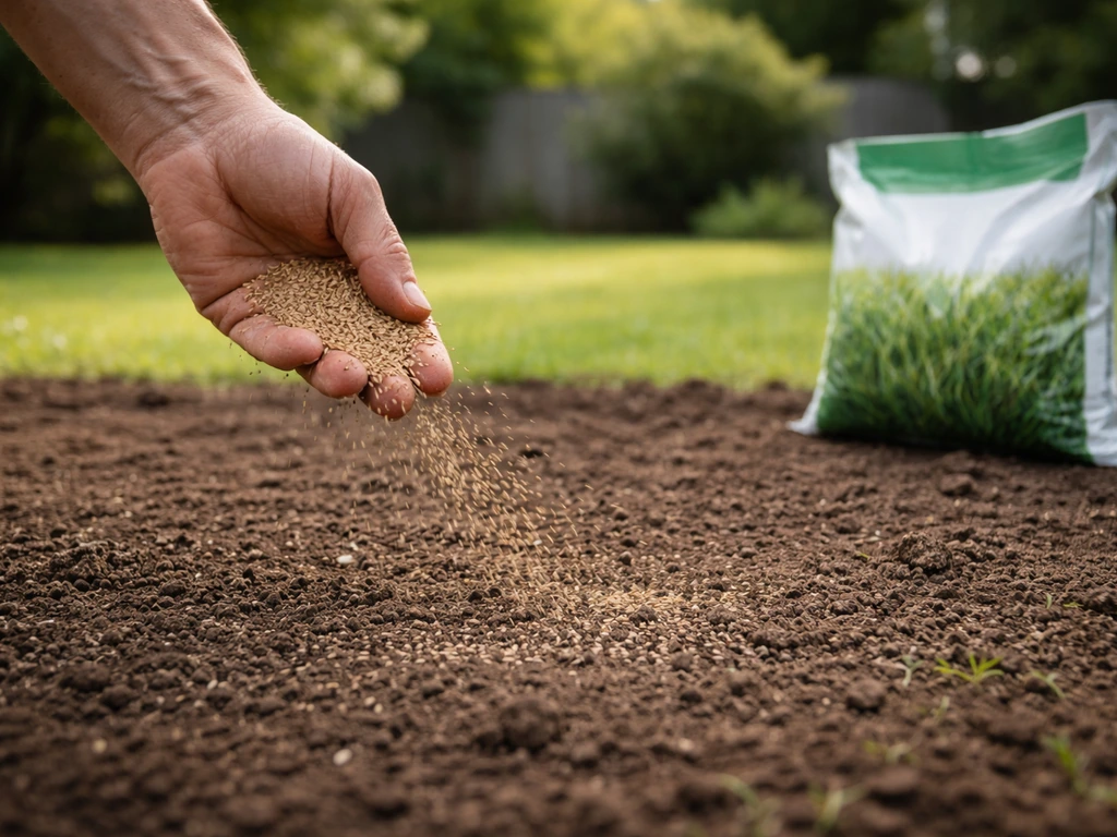 Main qui répand des graines sur une terre préparée, sac de semences à côté, pelouse fraîchement ensemencée.