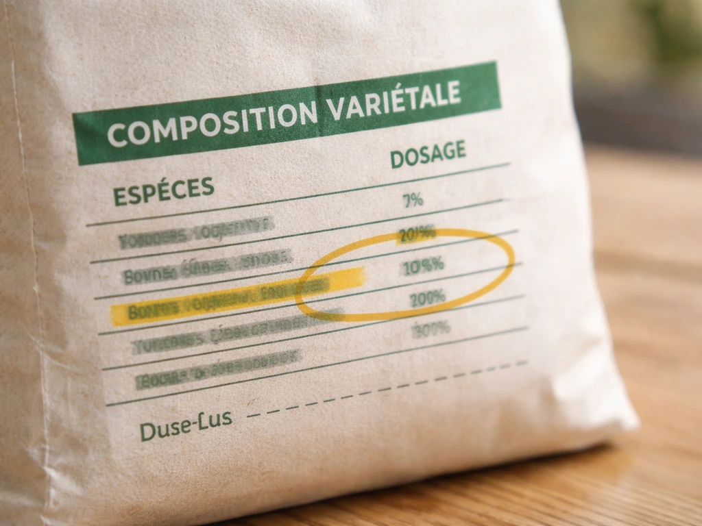 Gros plan d’une étiquette de semences de gazon avec informations clés visibles et mises en évidence.