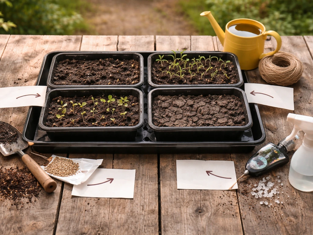 Petites plaques de terreau en pot, semis clairsemés et terre sèche, ambiance de diagnostic jardin