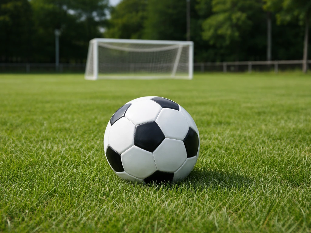 Un ballon de football sur une pelouse verte près d’un petit but, ambiance de terrain de club.