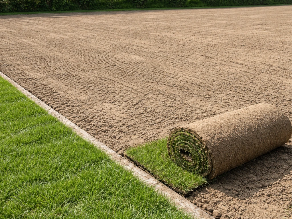 Terre travaillée et sol nivelé pour une pelouse de sport, avec rouleau de gazon près du chantier