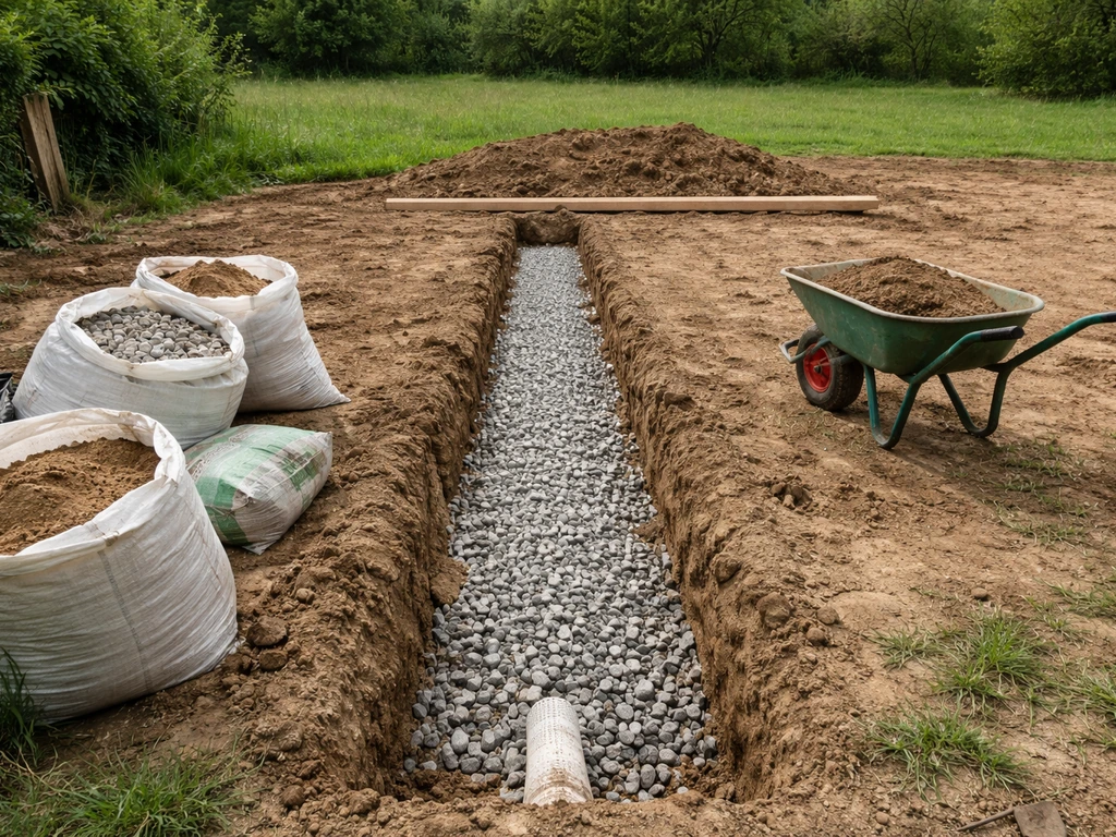Chantier près d’une tranchée de drainage avec gravier et matériaux, sol en préparation contre la stagnation d’eau.