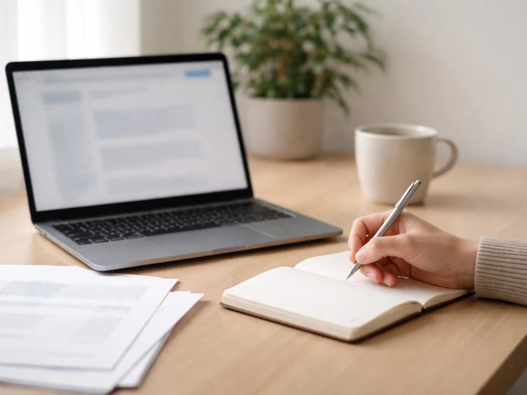 Sur un bureau, un ordinateur portable et des documents, avec une ambiance de vérification des sources.