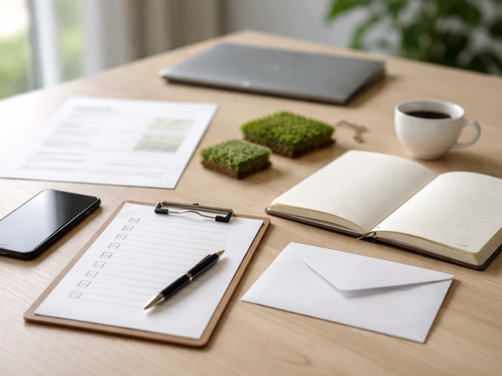 Checklist sur bureau avec téléphone, carnet et enveloppe, pour préparer un contact pro étape par étape.