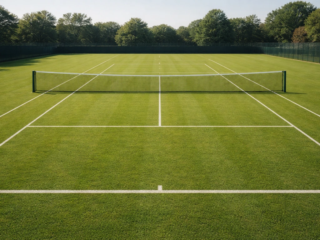 Court de tennis en gazon naturel dense, surface régulière et marquage net, prêt à jouer en plein air.