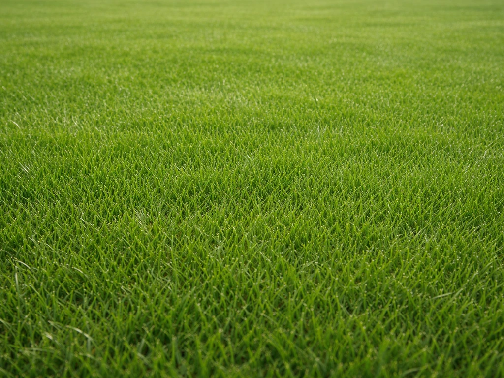 Pelouse de gazon dense et homogène, texture moelleuse au sol, vue réaliste et épurée.