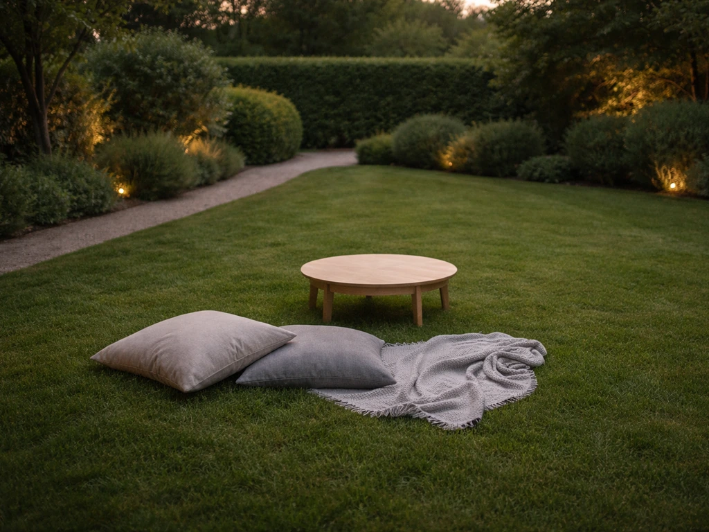 Pelouse de gazon soignée dans un jardin, avec coussins et petite table pour un coin détente au sol.