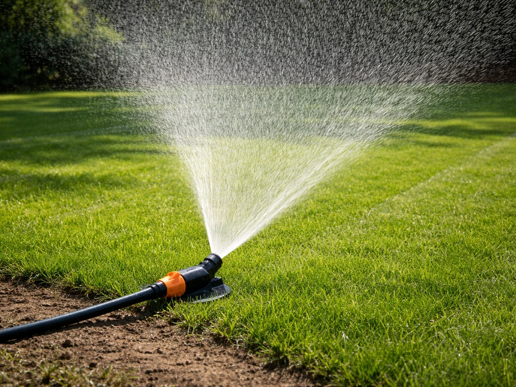 Arroseur réglable et pelouse fraîchement tondue, arrosage profond sur un jardin résidentiel au soleil.