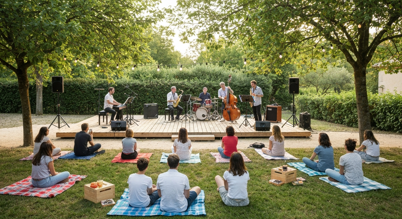 Concert de jazz en plein air sur une pelouse : musiciens sur petite scène et public assis sur des plaids sous des arbres.