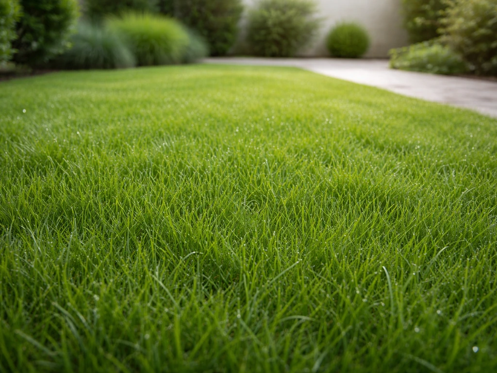 Pelouse verte dense dans un jardin moderne, arrosage discret, coupe haute pour une tendance gazon 2026 réussie.