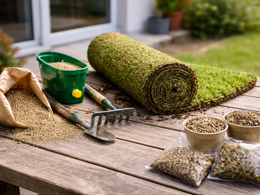 Table de jardin montrant semences, rouleau de gazon prêt à poser et mélanges en pots/sachets.