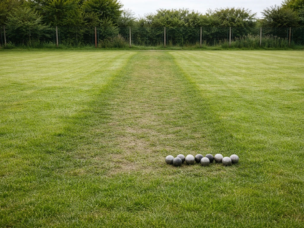 Espace de pétanque enherbé : gazon plus sombre et tassé au niveau des impacts, boules au sol.