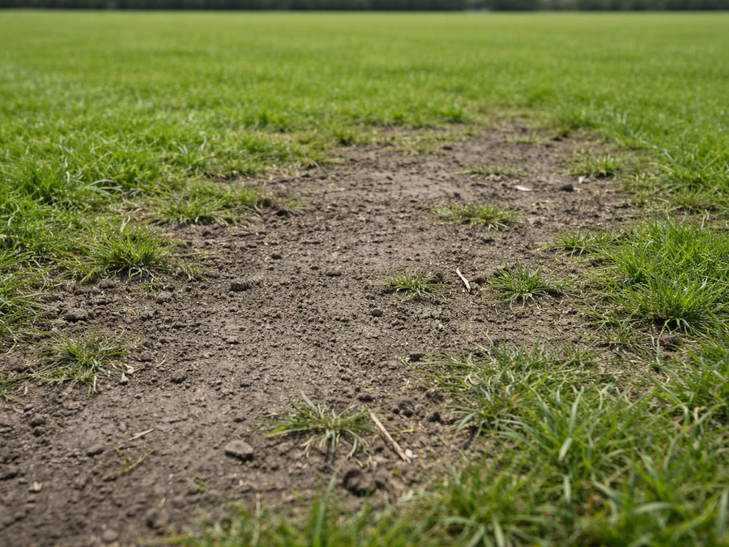 Gros plan d’un terrain de sport : zones de gazon compactées, plus sombres et durcies par le piétinement.