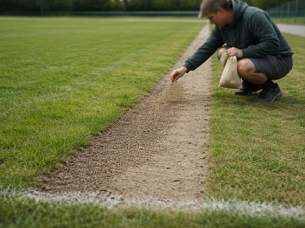 Équipe professionnelle réalisant un regarnissage sur terrain sportif, épandage de semences et recouvrement sur zone nue.
