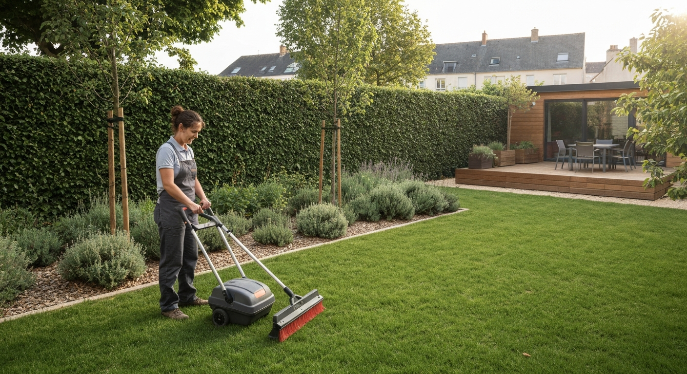 Personne utilisant une tondeuse à batterie dans un petit jardin urbain français