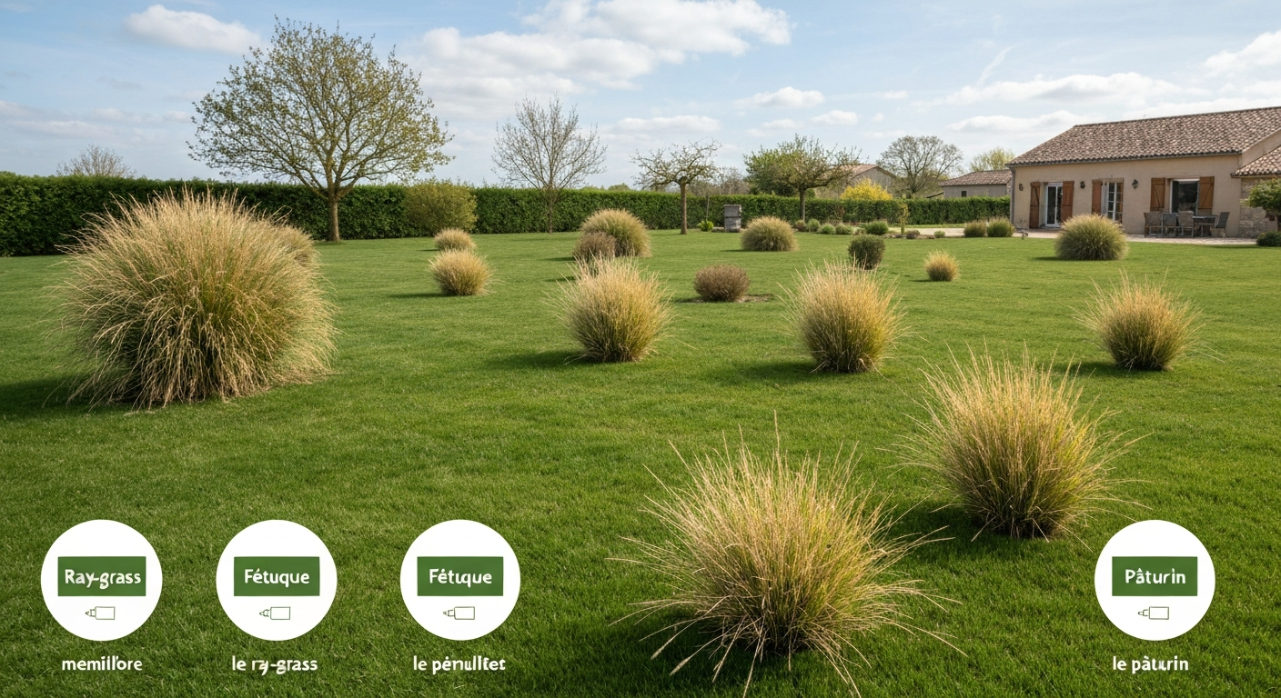 Pelouse française montrant différentes textures de gazon (ray‑grass, fétuques, pâturin) dans un jardin familial