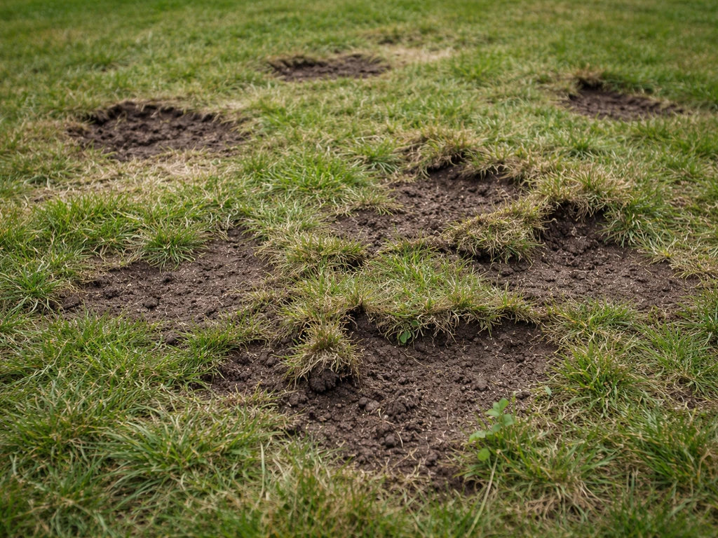 Gazon avec zones nues, herbe arrachée et sol visible, montrant des dégâts typiques après passage au sol.