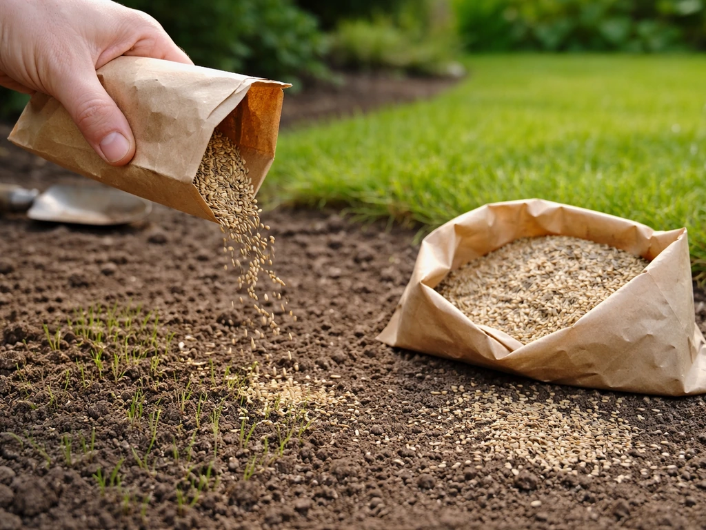 Main qui répand des graines de gazon ray-grass/fétuque depuis des sachets sur une terre propre du jardin.