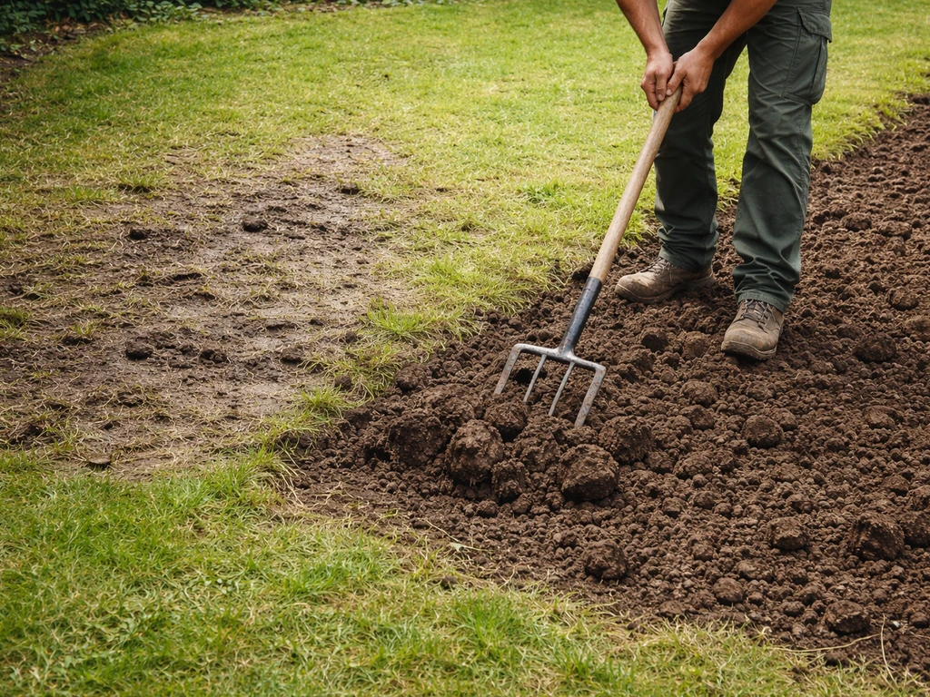 Fourche-bêche enfoncée dans une zone de jardin décompactée, sol abîmé et sol remis en état en contraste.