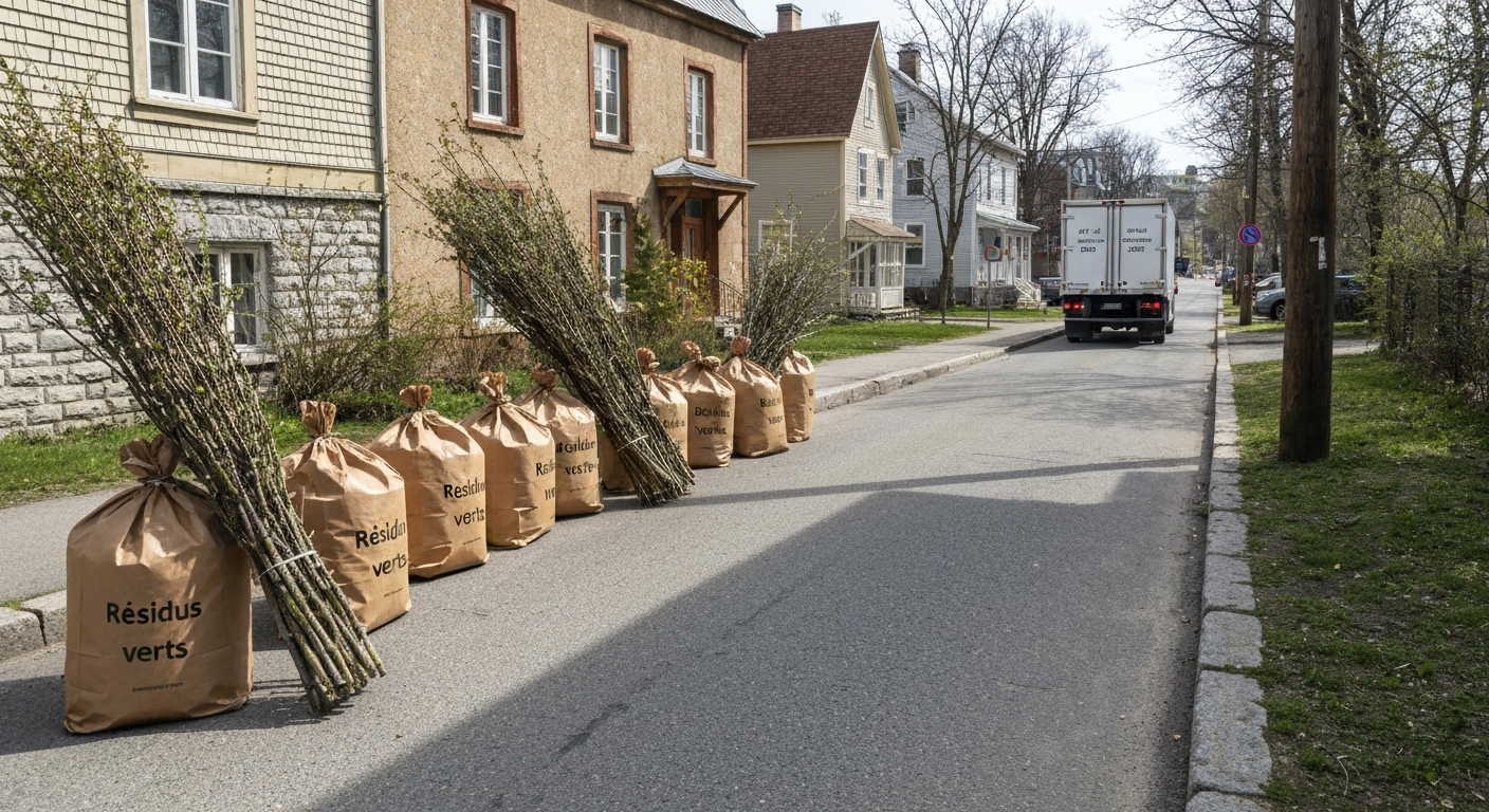 Rue résidentielle de Québec avec sacs papier de résidus verts et fagots de branches prêts pour la collecte, calendrier des deux fenêtres de collecte 2026 en vignette.