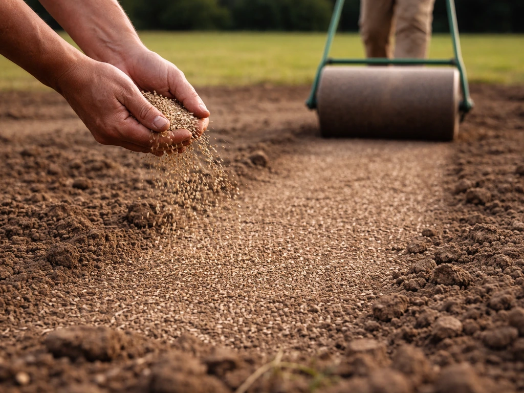 Mains répandant des graines de ray-grass sur une terre préparée, avec un léger roulage derrière.
