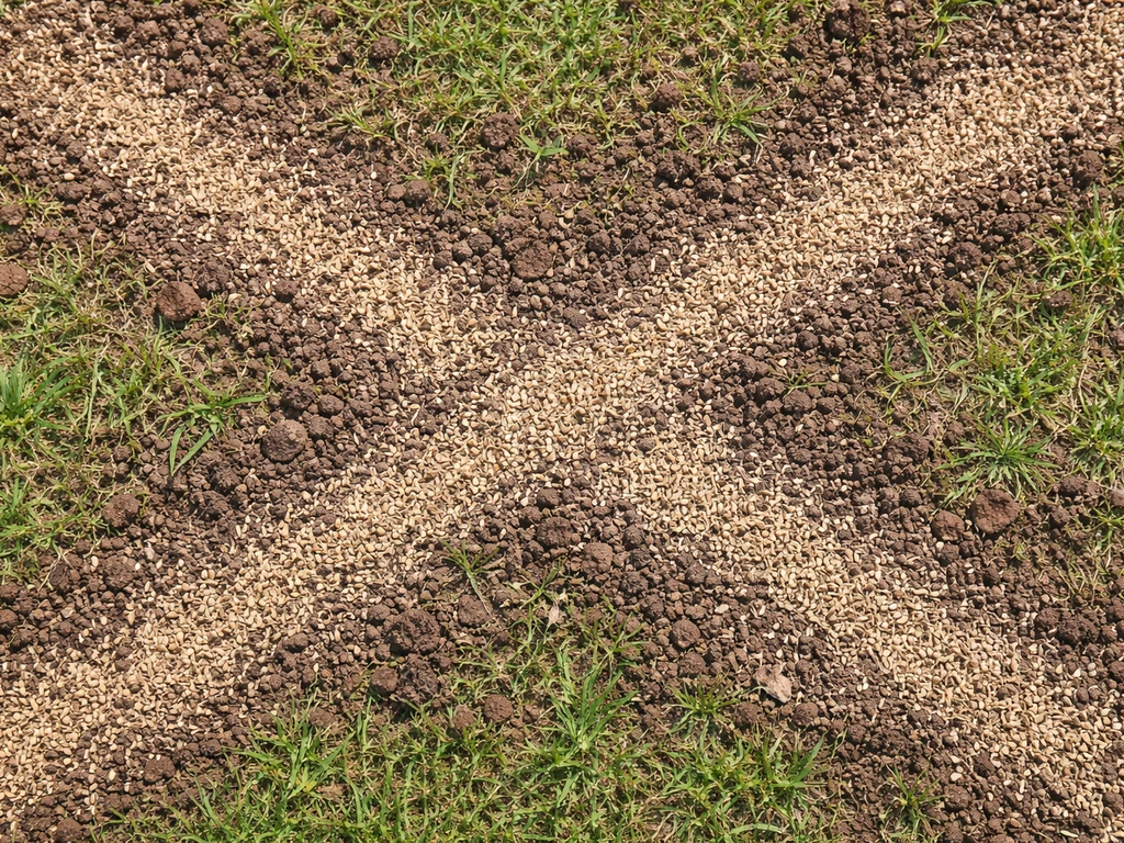 Plan de semis vu de dessus : deux passages croisés de graines sur une surface de gazon.