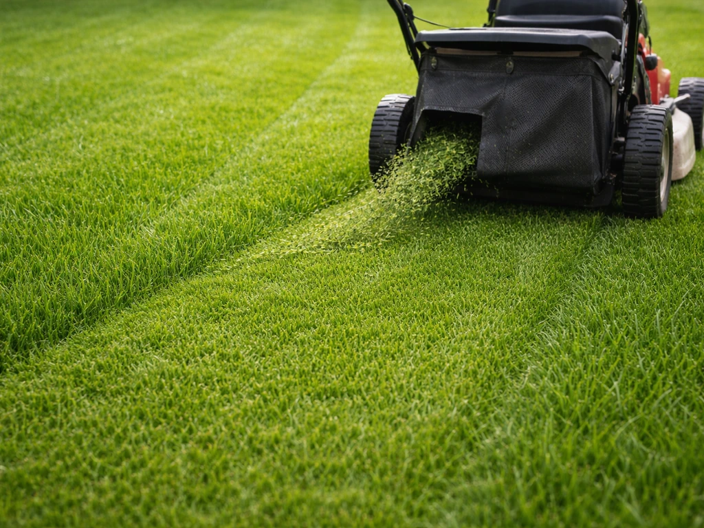 Jeune pelouse au ray-grass italien après première tonte, lame réglée à hauteur courte, herbe uniforme.