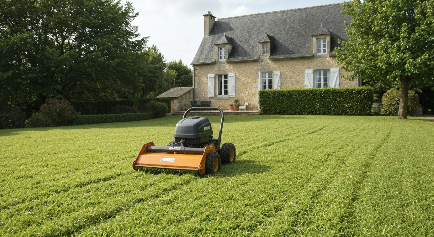 Tondeuse mulching en action avec micro-particules d'herbe retombant sur la pelouse, jardin français en arrière-plan