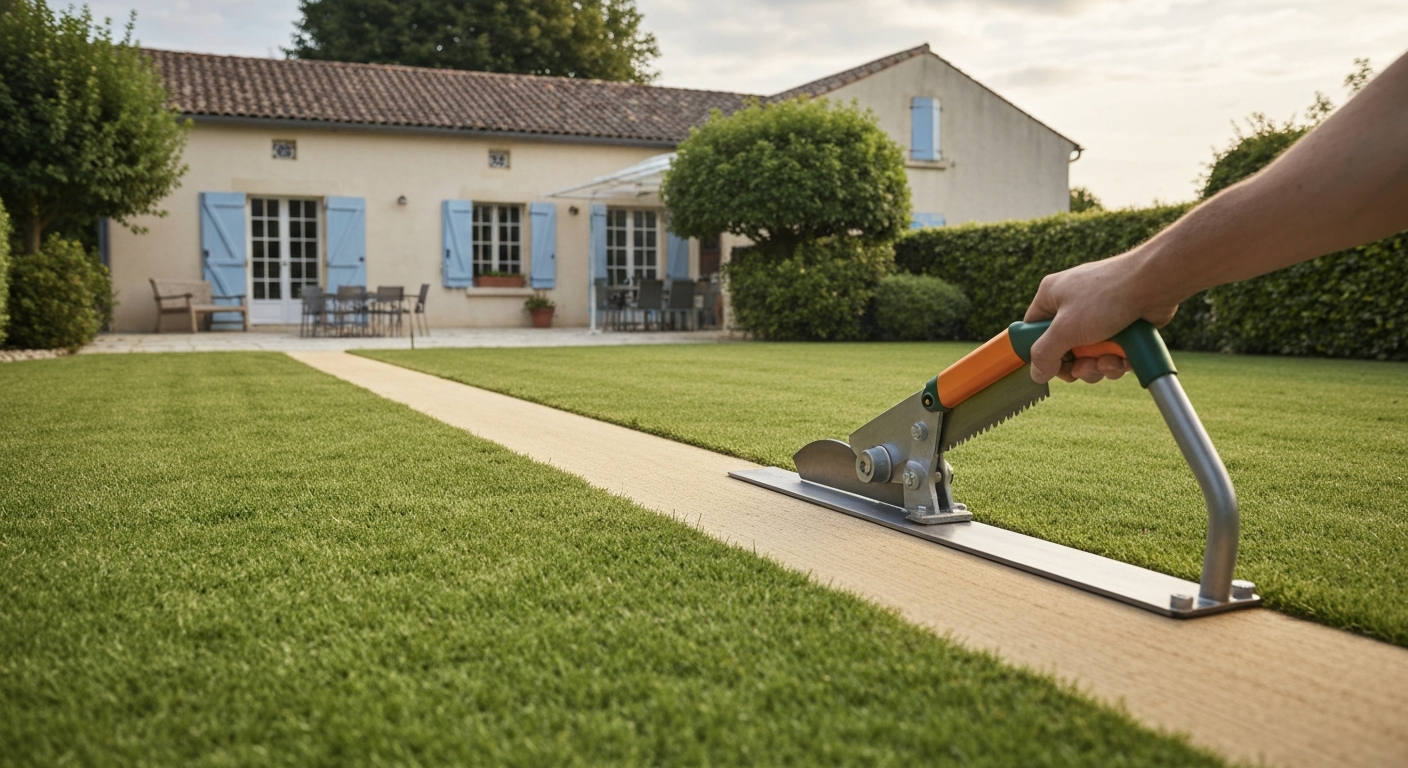 Cisaille à gazon Parkside utilisée sur une bordure de pelouse dans un jardin résidentiel français, vue rapprochée montrant la lame et la prise en main.