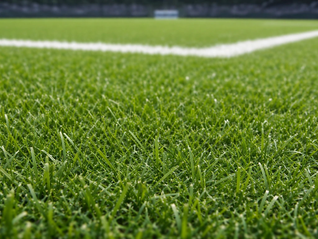 Pelouse de stade très dense, fibres synthétiques visibles, marquage blanc flou en arrière-plan.