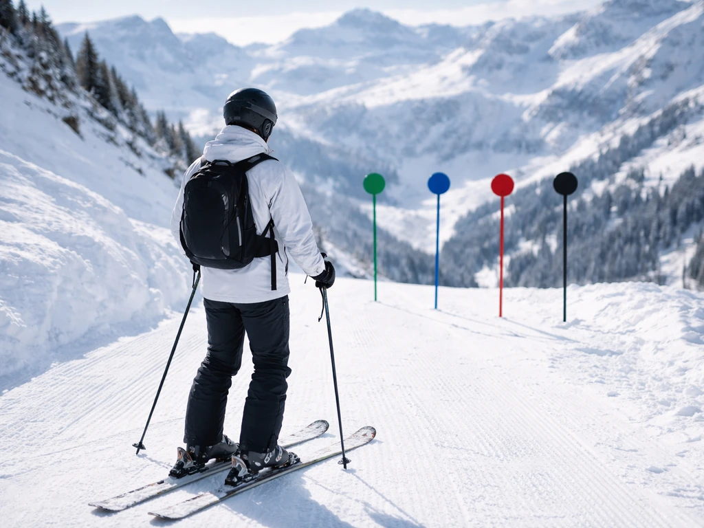 Skieur anonyme près de balises de pistes vertes, bleues, rouges et noires sur une piste enneigée