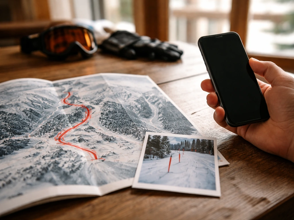 Plan des pistes ouvert, smartphone à côté, piste rouge surlignée et photo du balisage en arrière-plan.