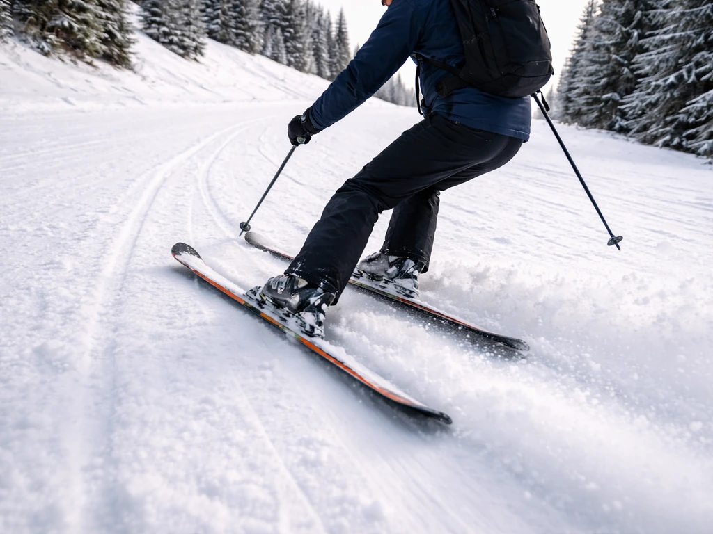 Sur skis, cadrage bas montrant posture et ligne de trajectoire sur une piste rouge enneigée.