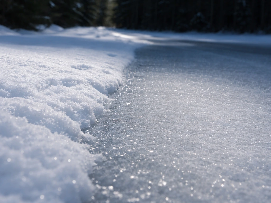 Gros plan d’une zone de neige/grisaille avec une zone plus lisse et verglacée à l’ombre