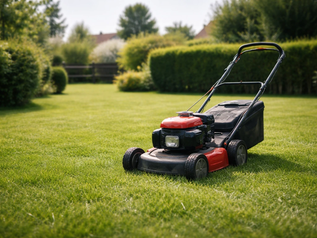 Pelouse résidentielle française avec tondeuse à gazon prête, ambiance calme de dimanche dans un jardin.