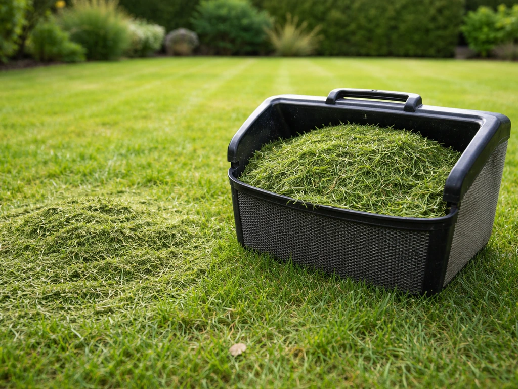 Pelouse fraîchement tondue : herbe finement broyée au sol et bac de ramassage rempli à côté