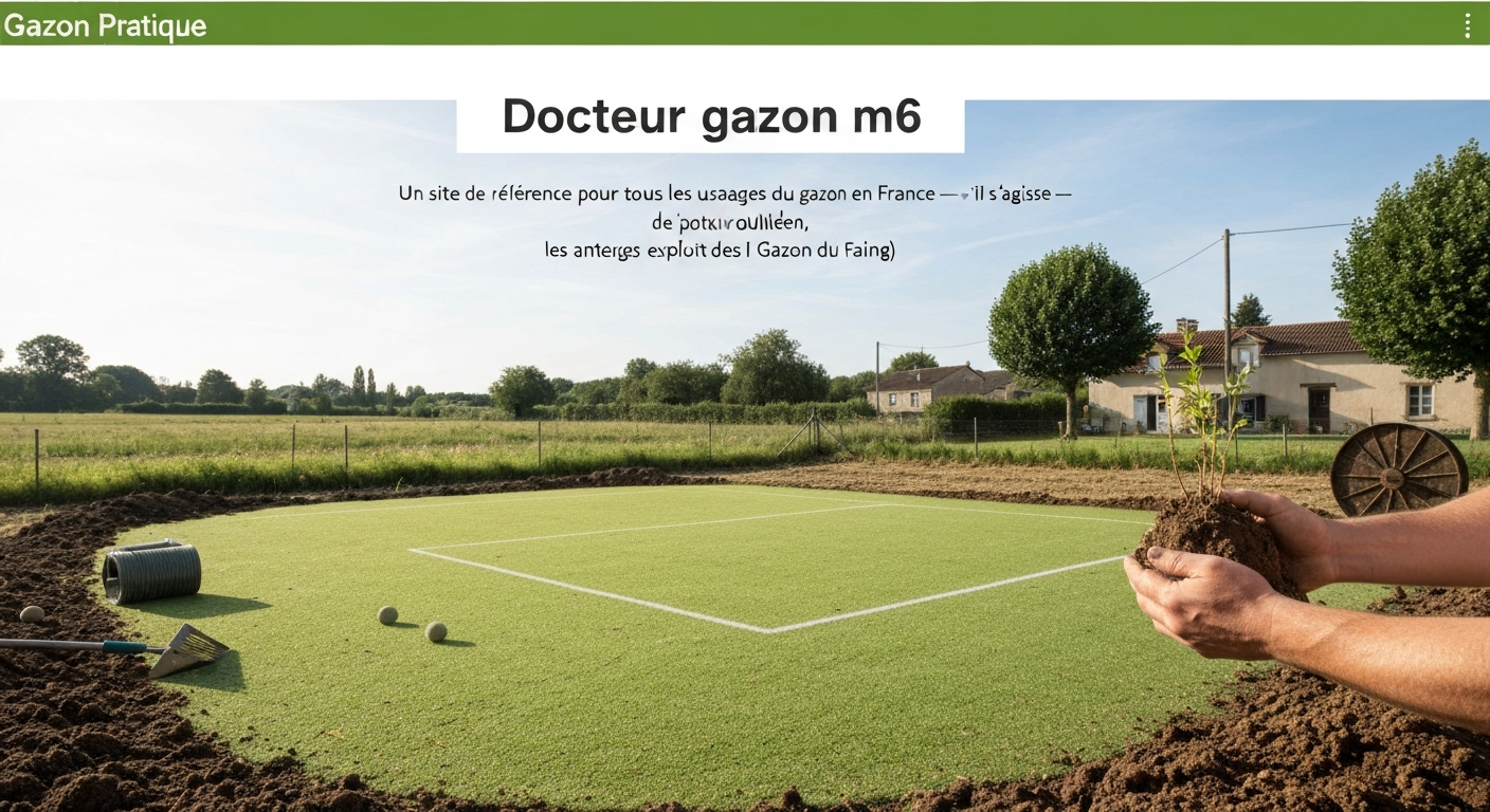 Gros plan mains tenant une motte de terre devant une pelouse verte soignée, outils de jardin en arrière‑plan