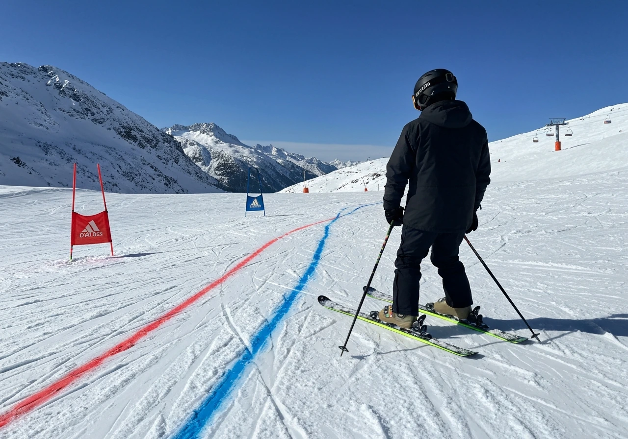 Piste de ski enneigée avec marquages de couleur rouge, bleu et vert pour comprendre le niveau.